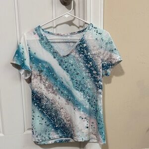 Elegant Blue and Pink V-Neck Short Sleeve Top